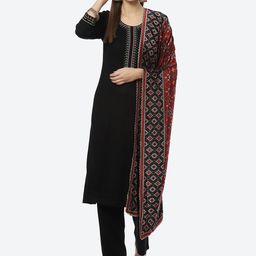 Biba Women Black Floral Embroidered Thread Work Kurta with Trousers & With Dupatta-image-10