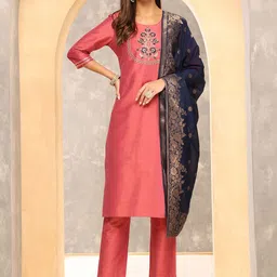 Anouk Mauve Floral Yoke Design Thread Work Straight Kurta With Trousers & Dupatta-picture-41
