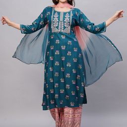 KALINI Floral Printed Regular Thread Work Kurta With Palazzos & Dupatta-1