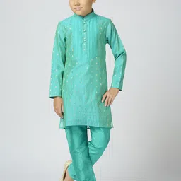 YK Boys Ethnic Motifs Woven Design Mandarin Collar Chanderi Cotton Kurta With Trouser-48