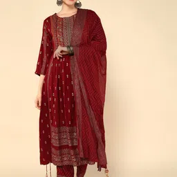 aturabi Ethnic Motifs Printed Thread Work Pleated A-Line Kurta & Trouser With Dupatta-image-59
