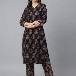 Idalia Women Navy Blue Floral Printed Pure Cotton Kurta with Trousers-image-54