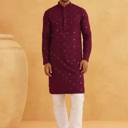 SOJANYA Geometric Embroidered Mandarin Collar Sequinned Pure Cotton Kurta with Churidar-picture-49