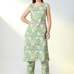 SHOWOFF Floral Printed Thread Work Sleeveless Straight Kurta With Trouser-image-60