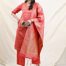 Vishudh Women Poly Brocade Ethnic Motifs Kurta with Trousers & Dupatta-picture-3