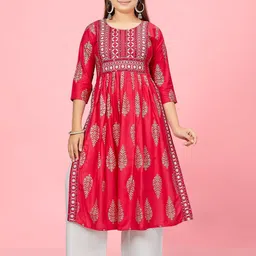 Aarika Girls Ethnic Motifs Printed Sequinned Pure Cotton Pleated A-Line Kurta With Palazzo-image-84