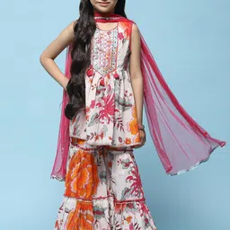 Biba Girls Floral Printed Pure Cotton Straight Kurta With Sharara & Dupatta-image-29