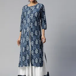 Saart Bunaai Women Blue Floral Printed Pure Cotton Kurta with Skirt-picture-24