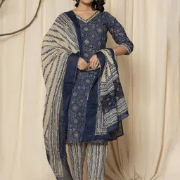 ALLEN WEAVE Ethnic Motifs Printed Mirror Work Pure Cotton Kurta With Pyjama And Dupatta-picture-57