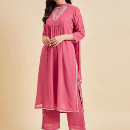 Azira Ethnic Motifs Yoke Design Thread Work Straight Kurta & Trouser With Dupatta-image-44