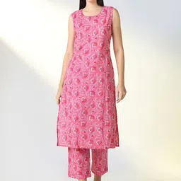 SHOWOFF Round Neck Floral Printed Straight Kurta With Trouser-picture-27