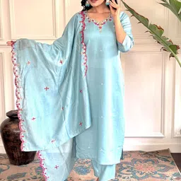 Anouk Turquoise Blue Embroidered Beads & Stones Kurta With Trousers & Dupatta-36