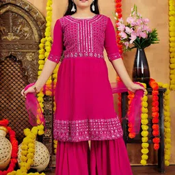 Aarika Girls Ethnic Motifs Embroidered Regular Sequinned Kurta with Sharara & With Dupatta-5