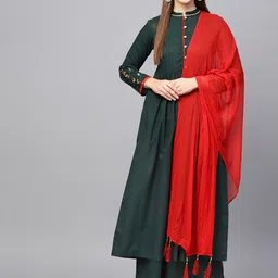 Tulsattva Green Paisley Empire Thread Work Pure Cotton Kurta with Palazzos & With Dupatta-image-73
