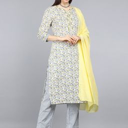 AHIKA Women White & Blue Floral Printed Pure Cotton Kurta With Trousers & Dupatta-picture-51