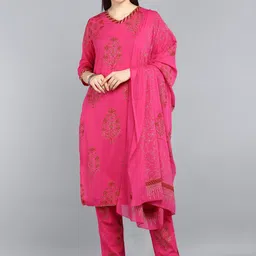 AHIKA Women Pink Floral Printed Pure Cotton Kurta with Trousers-image-93