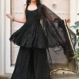 KALINI Geometric Printed Round Neck A-line Kurti with Sharara Dupatta-18