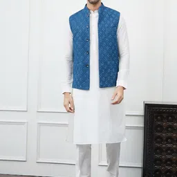 See Designs Mandarin Collar Pure Cotton Kurta with Pyjama & Woven Design Nehru jacket-picture-12