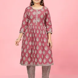 BAESD Girls Ethnic Motifs Printed A-Line Pleated Pure Cotton Kurta With Trousers-image-23
