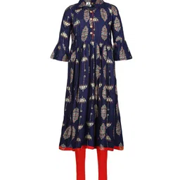 Aarika Girls Navy Blue Ethnic Printed Pleated Pure Cotton Kurta-image-9