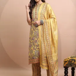 Vishudh Yellow Faux Pashmia Floral Printed Kurta with Palazzos & With Dupatta-image-61