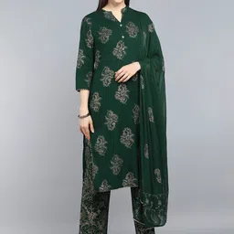 AHIKA Women Green Ethnic Motifs Printed Pure Cotton Kurta with Trousers & With Dupatta-image-97