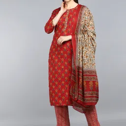 AHIKA Women Maroon Ethnic Motifs Printed Pure Cotton Kurta with Trousers & With Dupatta-image-98