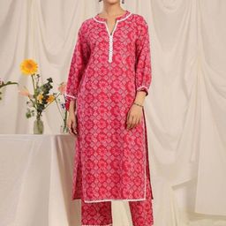PHYSIL Floral Printed Mandarin Collar Pure Cotton Straight Kurta With Trousers-image-54