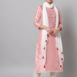 Tulsattva Pink Floral Embroidered Thread Work Kurta with Trousers & Dupatta-21