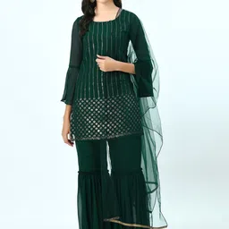 V&M Women Green Embellished Kurti with Sharara & Dupatta-picture-15