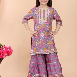 JAANYA Girls Floral Printed Regular Gotta Patti Pure Cotton Kurta with Sharara-picture-22