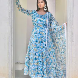 OneWe Women Floral Printed Chanderi Cotton Kurta with Trousers & Dupatta-image-15