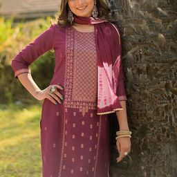 VAABA Ethnic Motifs Yoke Design Pleated Kurta With Trousers & Dupatta-picture-4