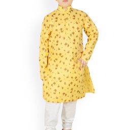 SG YUVRAJ Boys Yellow Floral Printed Pure Cotton Kurta with Churidar-57
