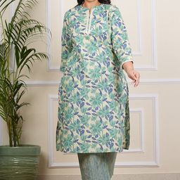 IKRASS Plus Size Floral Printed Mirror Work Cotton Straight Kurta with Trousers-35