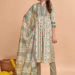Anouk Green Floral Printed Mandarin Collar Regular Kurta With Trousers & Dupatta-1