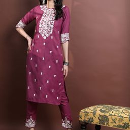 Vishudh Faux Pashmia Floral Embroidered Round Neck Kurta with Trousers-8