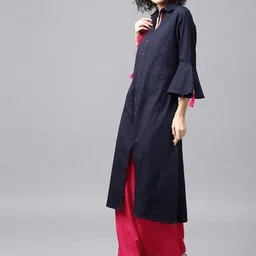 Tulsattva Women Navy Blue Ethnic Motifs Embroidered Pure Cotton Kurta with Palazzo-17