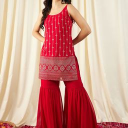 MABISH by Sonal Jain Ethnic Motifs Printed Shoulder Straps Sleeveless Kurti With Sharara-picture-2