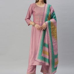 SheWill Pink Floral Embroidered Kurta with Trousers & Dupatta-image-21