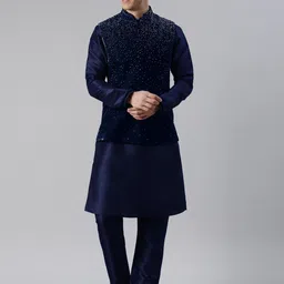 TheEthnic.Co Mandarin Collar Velvet Kurta with Trousers & Jacket-image-75