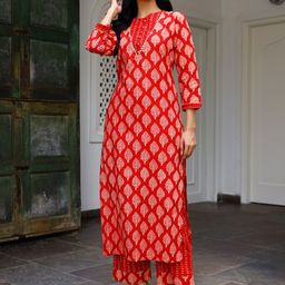 Ambraee Women Red Ethnic Motifs Printed Kurta with Trousers-11