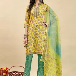 Anouk Yellow Floral Printed Mandarin Collar Straight Kurta & Trouser With Dupatta-picture-43