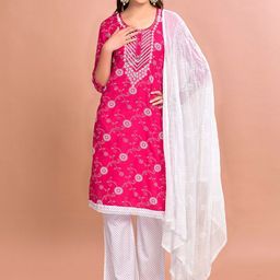 Anouk Pink Floral Printed Thread Work Sequined Straight Kurta With Palazzo & Dupatta-image-72