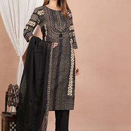 IKRASS Geometric Printed Straight Pure Cotton Kurta With Trousers And Dupatta-11