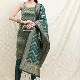 Vishudh Women Green Poly Brocade Ethnic Motifs Printed Kurta with Trousers & Dupatta-picture-0