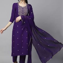 Ethnic 3 You Floral Embellished Notch Neck Pure Cotton Kurta With Trouser And Dupatta-image-71
