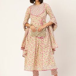 KALINI Floral Printed Angrakha Mirror Work Pure Cotton Kurta With Trousers & Dupatta-image-25