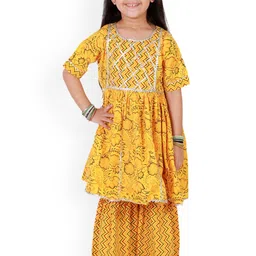 Superminis Girls Yellow Floral Printed Layered Gotta Patti Pure Cotton Kurta with Sharara-picture-56