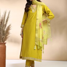 MOKOSH Embroidered Sequinned Straight Kurta With Trouser And Dupatta-picture-0